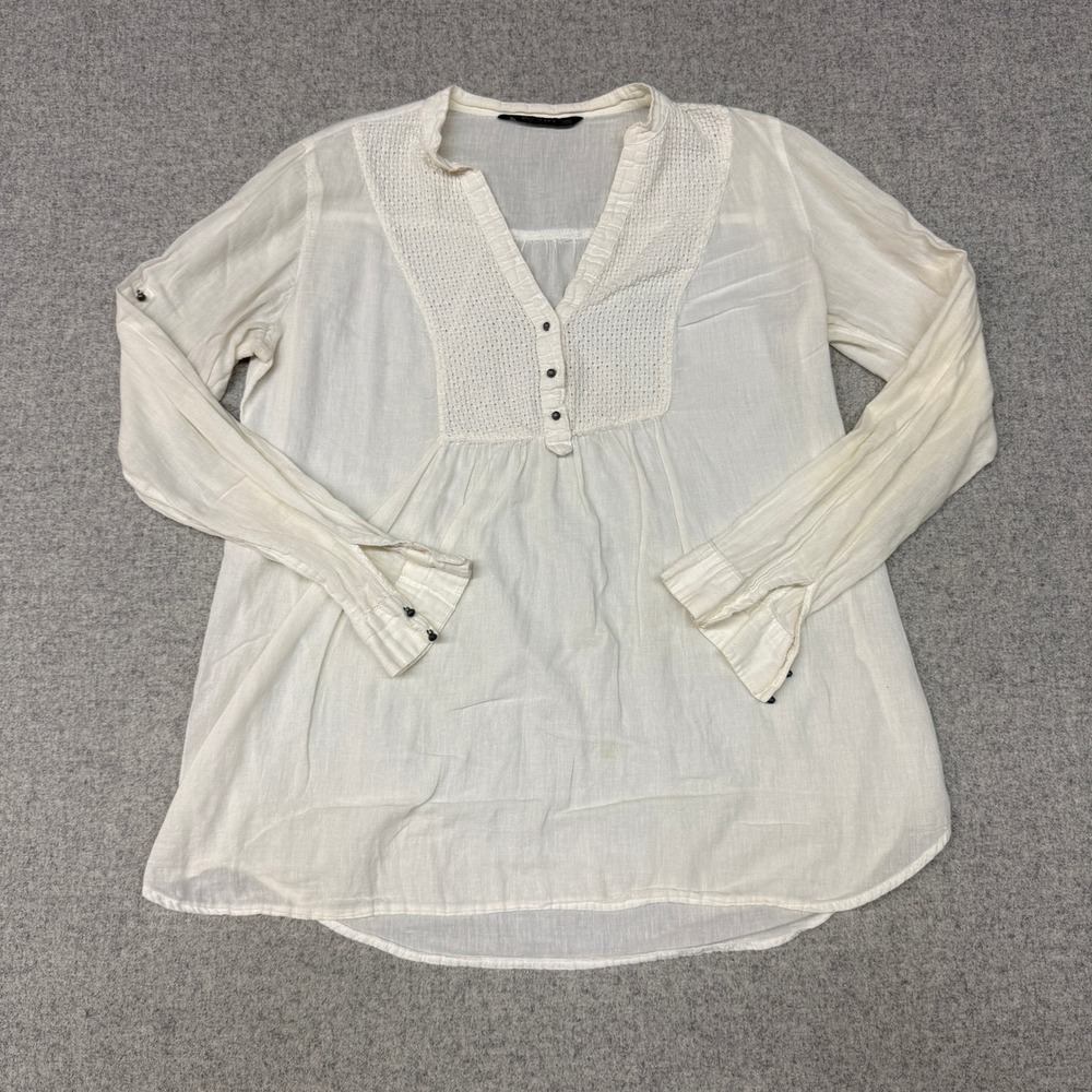 Zara | Crochet Button Front Blouse | XL | White | Boho Roll Tab Sleeve Top